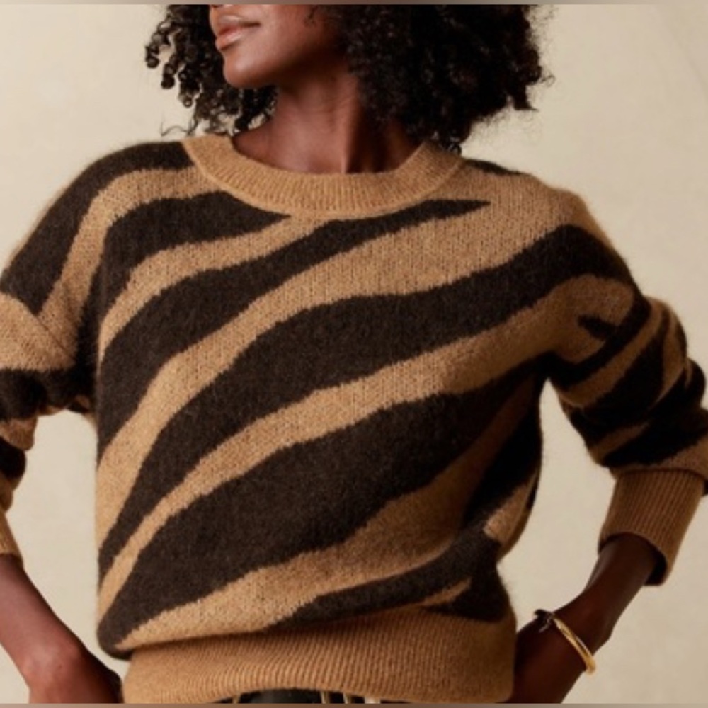 Banana Republic Zebra Print Alpaca Blend Sweater XL Camel Brown Black Animal